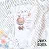 Personalised newborn babygrow with elephant hot air balloon design. Customise with baby’s name, date, time and weight. Perfect keepsake baby gift.