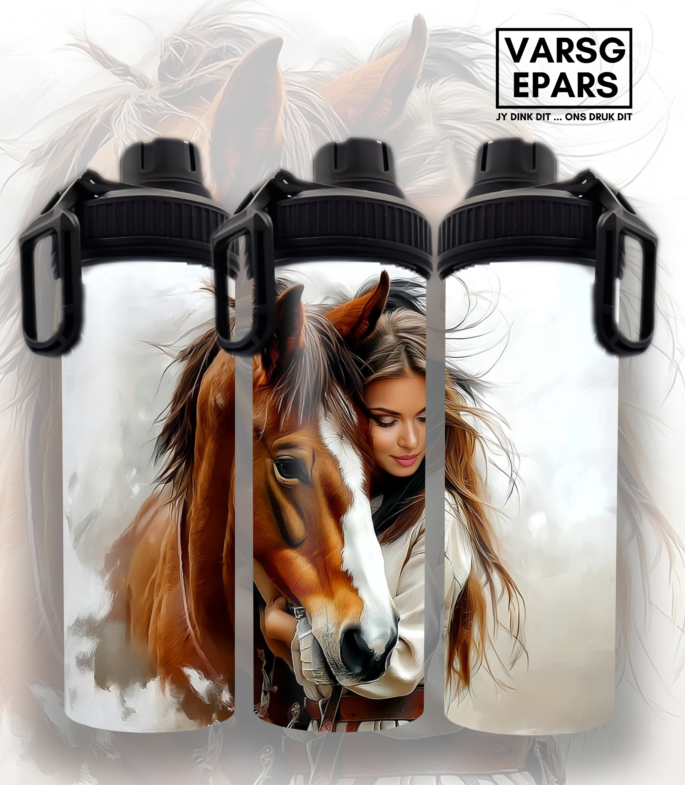Stylish 850ml aluminium water bottle with a lady and horse design. Lightweight, reusable, and perfect for equestrian lovers and everyday hydration.